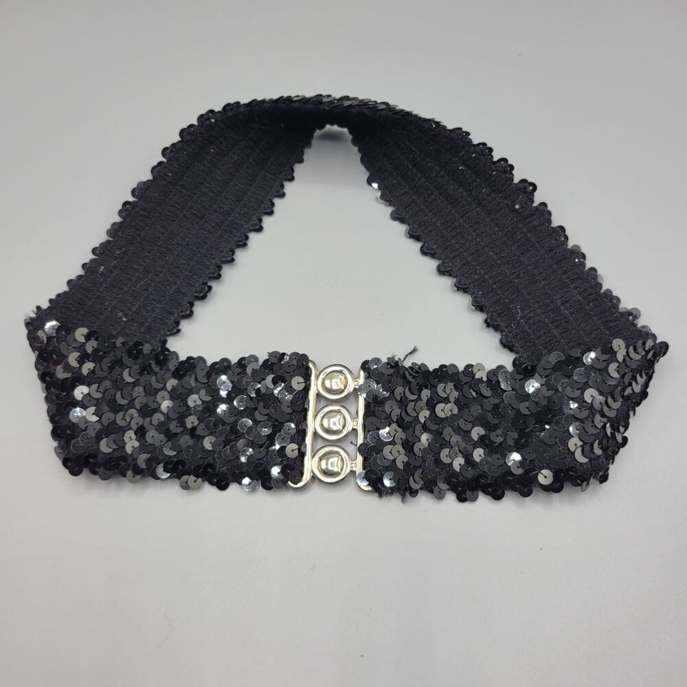 Vintage Black Sequin Elastic Stretch Belt Metal Clasp Closure Clubwear - Picture 2 of 6